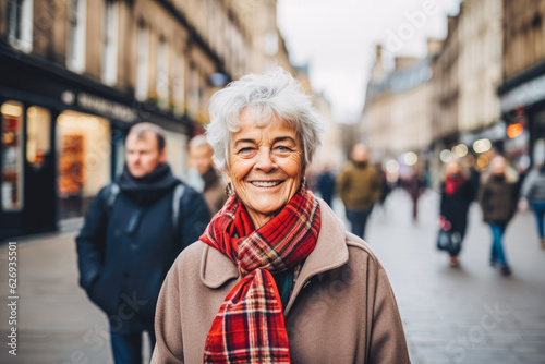 Woman traveling in Edinburgh. Happy older traveler exploring in city.
