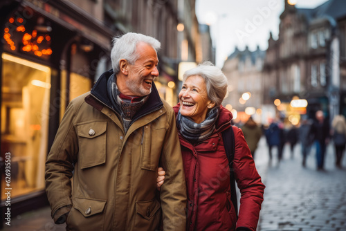 Multiethnic couple traveling in Edinburgh. Happy older travelers exploring in city.