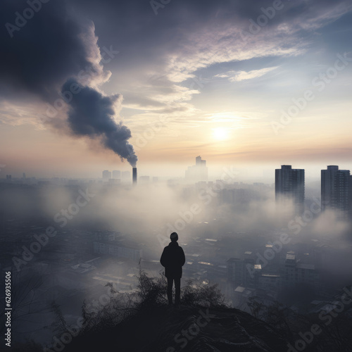 silhouette of a man standing over a city with smog