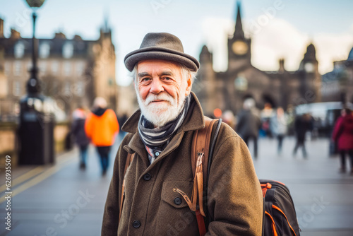 Man traveling in Edinburgh. Happy older traveler exploring in city. © VisualProduction