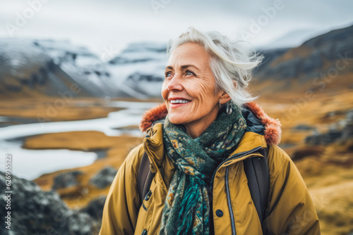 Woman traveling in Iceland. Happy older traveler exploring in nature.