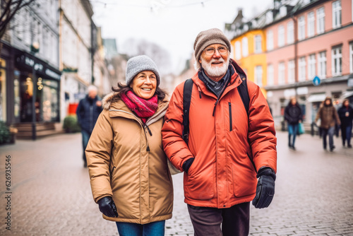 Multiethnic couple traveling in Oslo. Happy older travelers exploring in city.