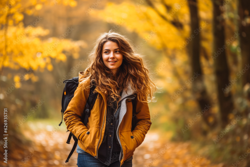 Woman taking a walk in nature in autumn. Happy young female exploring nature. Woman taking a walk in nature in autumn. Happy young female exploring nature.