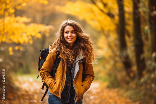 Woman taking a walk in nature in autumn. Happy young female exploring nature.