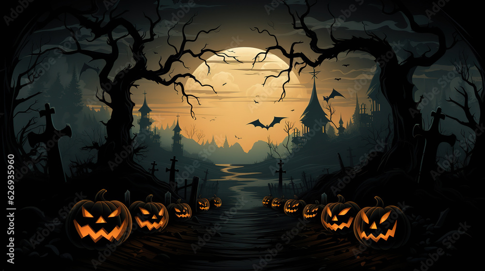 Halloween background with ghost and pumpkin in moonlit landscape. Generative Ai