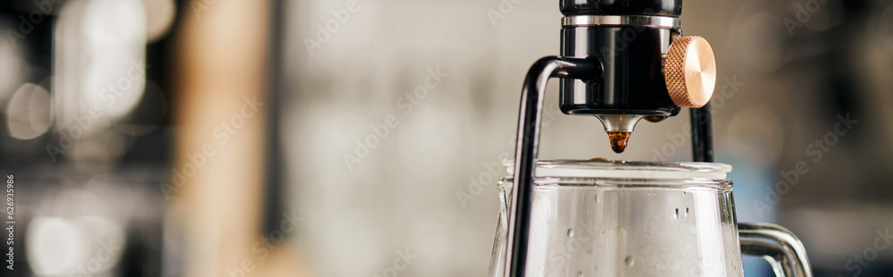 coffee shop, alternative brew, siphon coffee maker with glass coffee pot in modern cafe, banner coffee shop, alternative brew, siphon coffee maker with glass coffee pot in modern cafe, banner