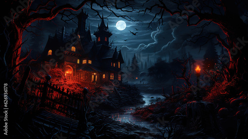 Dark gothic house with flying bats illustration. Generative Ai