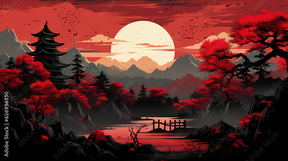 Fototapeta premium Starry night sky with river landscape in japanese style. Generative Ai