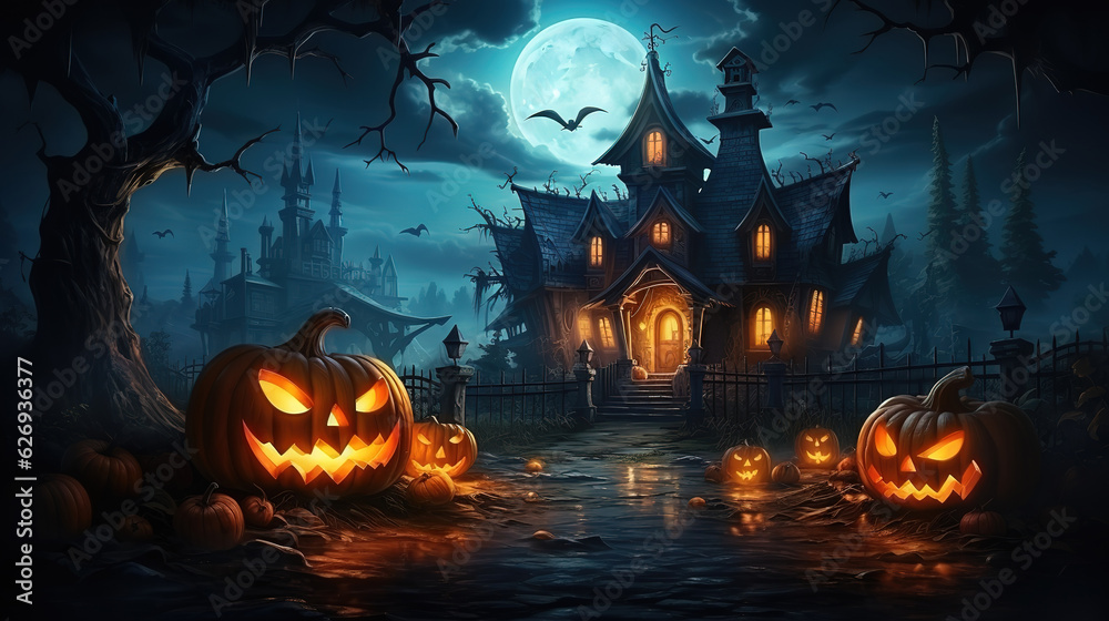 Halloween background with pumpkin nestled in grass. Generative Ai Halloween background with pumpkin nestled in grass. Generative Ai