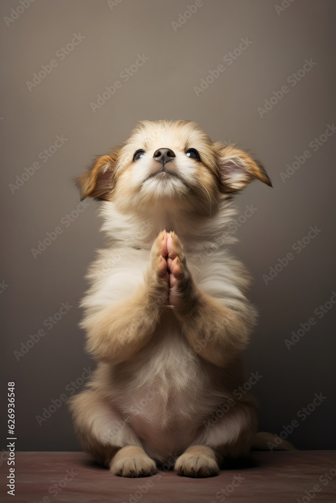 Fototapeta premium terrier dog begging on hind legs with paws together isolated on plain brown studio background