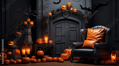 Dark room interior decorated for Halloween. Generative AI