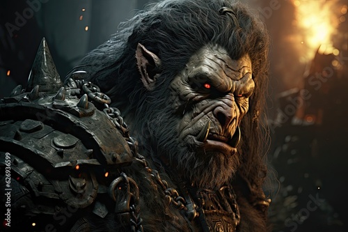Ruler of Nightmares: An Eerie and Menacing Fantasy Creation Featuring a Terrifying Angry Orc Warrior Monster Generative AI photo
