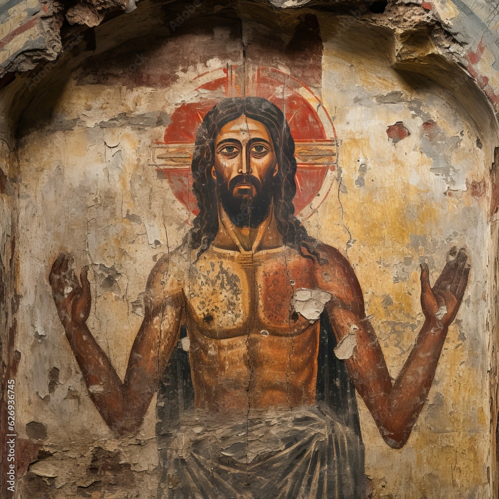 Simulated Medieval Fresco of Jesus with Brown Skin, Weathered Tan Old Religious Mural