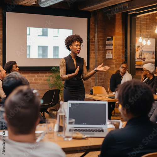 Afro black woman giving a presentation in a coworking. Generative AI.