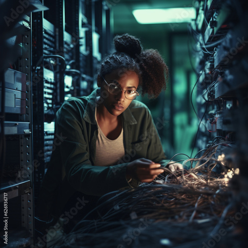 Black woman in a server room. Generative AI. © DALU11