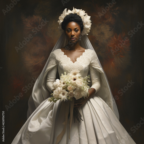 Black woman in a wedding dress. Generative AI.