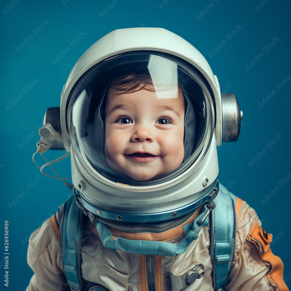 Boy dressed as an astronaut on a blue background. Generative AI. Boy dressed as an astronaut on a blue background. Generative AI.