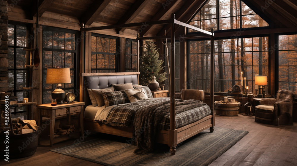 Design of cozy and rustic bedroom with a wooden four-poster bed, plaid bedding, and a stone fireplace. earthy color with shades of brown, beige, and green, AI Generated Design of cozy and rustic bedroom with a wooden four-poster bed, plaid bedding, and a stone fireplace. earthy color with shades of brown, beige, and green, AI Generated