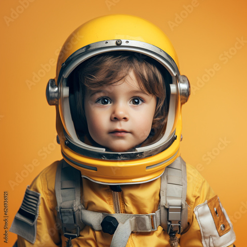 Boy dressed as an astronaut on a yellow background. Generative AI.