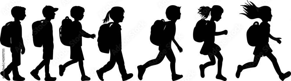 set of silhouette kids with backpacks vector