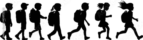 set of silhouette kids with backpacks vector