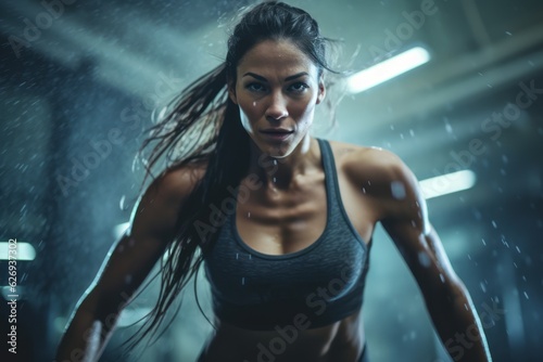 A female caucasian bodybuilder during a workout, with sweat glistening and a determined expression, motivating viewers to push themselves in their fitness journey. Generative Ai © bluebeat76