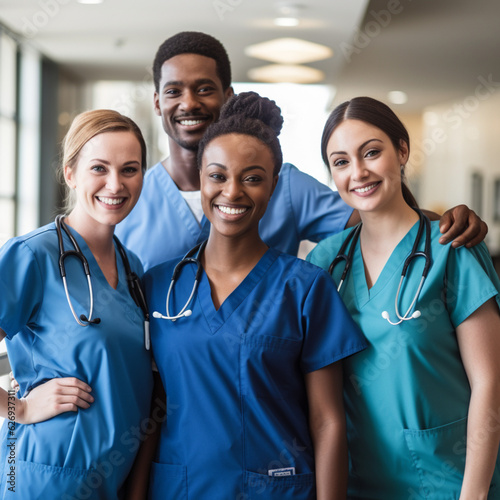 Diverse group of nurses in the hospital. Generative AI.