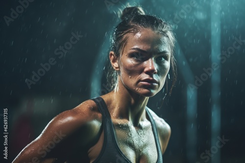 A female caucasian bodybuilder during a workout, with sweat glistening and a determined expression, motivating viewers to push themselves in their fitness journey. Generative Ai © bluebeat76