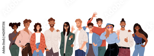 Multi racial group of people  concept work together  student friendship  happy modern men and women  flat cartoon vector illustration. Color banner with characters.