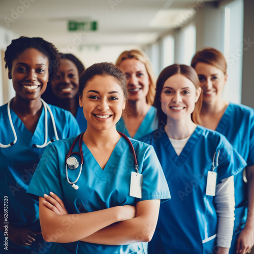 Diverse group of nurses in the hospital. Generative AI.
