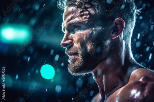 Intense focus and determination of a bodybuilder during a workout, with sweat glistening and a determined expression, motivating viewers to push themselves in their fitness journey. Generative Ai