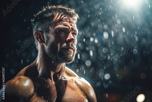 Intense focus and determination of a bodybuilder during a workout, with sweat glistening and a determined expression, motivating viewers to push themselves in their fitness journey. Generative Ai