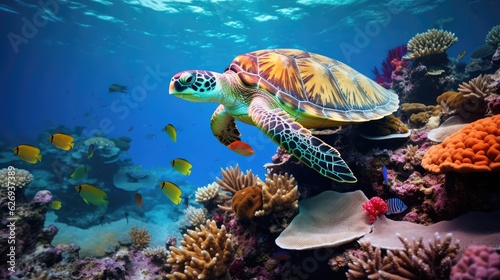 Fotografia, Obraz turtle with Colorful tropical fish and animal sea life in the coral reef, animal