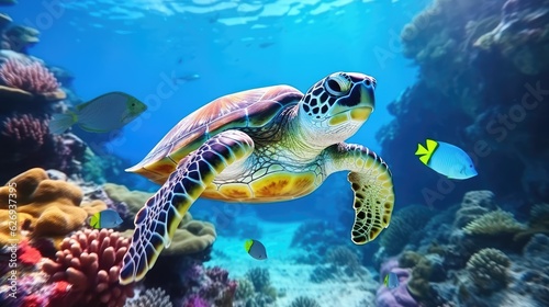 turtle with Colorful tropical fish and animal sea life in the coral reef, animals of the underwater sea world © khwanchai