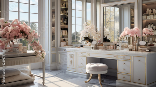 Foto A glamorous dressing room for a fashionista with a vanity table, glass window, f