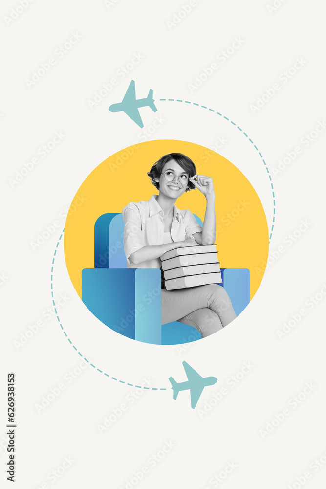 Collage artwork graphics picture of smiling thoughtful lady dream going summer vacation isolated white color background Collage artwork graphics picture of smiling thoughtful lady dream going summer vacation isolated white color background