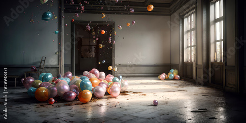 Interior of living room, apartment decorated balloons, lights, confetti. Celebration, holidays, anniversary. background for birthday party. Photo Zone.Generative Ai