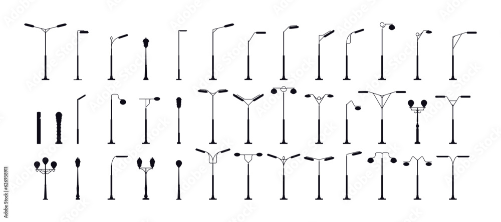Street light silhouette. Old city lampposts and retro post lamps, vintage electric and oil lamps for outdoors decoration. Vector set. Black outside streetlamp for infrastructure isolated collection