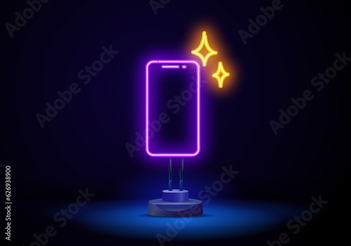 Neon phone icon. Glowing neon cellphone sign, set of isolated smartphone in different vivid colors. Bright icon, sign, symbol for UI design. Mobile device and gadget. Vector illustration