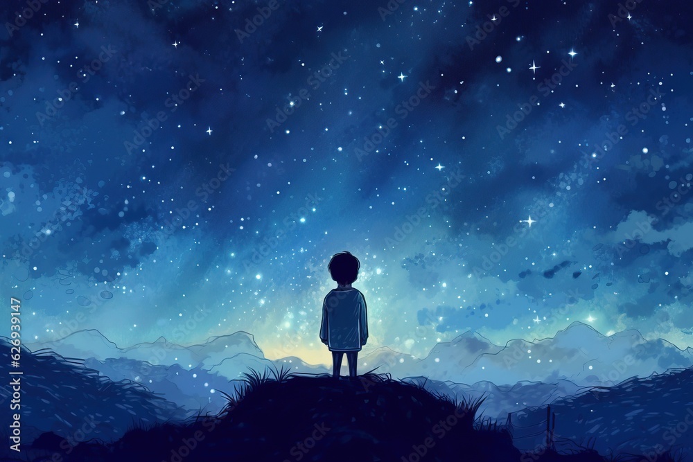A young boy gazing at the starry night sky