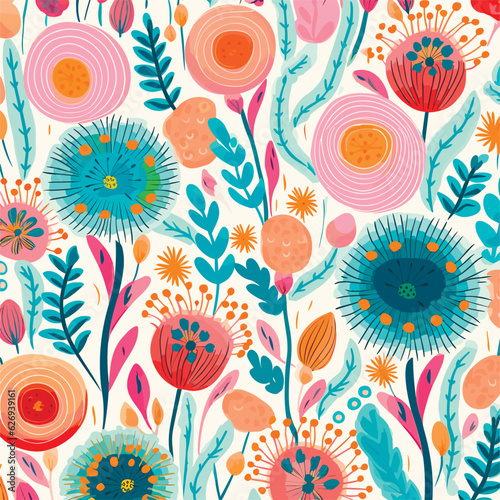 Seamless vector pattern with many abstract spring flowers. For wallpaper or fabric decoration in vintage style. Flower painting for summer. Botanical background. Vector illustration.