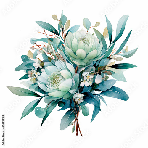 Eucalyptus Watercolor flowers floral wedding bouquet. AI generative isolated illustration