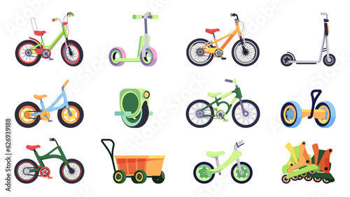 Transport for children. Cartoon kids and teen bicycle scooter, colorful toddlers skate, three wheels bike, rollers. Vector isolated set. Healthy equipment for sport and recreation, vehicles photo