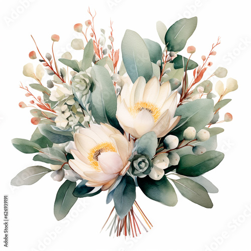 Eucalyptus Watercolor flowers floral wedding bouquet. AI generative isolated illustration photo