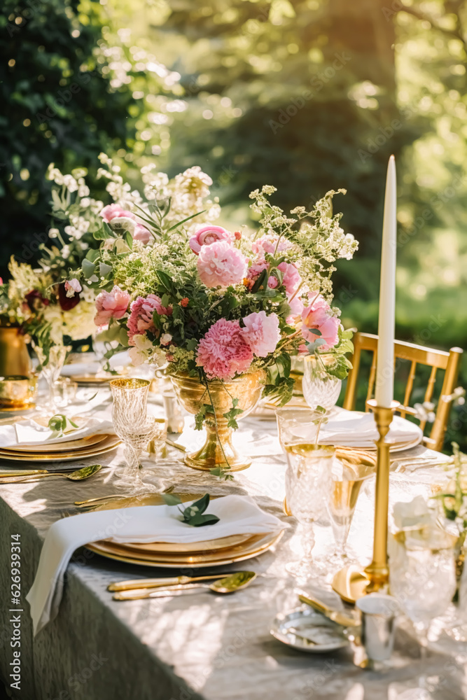 Holiday tablescape, golden formal dinner table setting, table scape with gold decoration for wedding party and event celebration, generative ai Holiday tablescape, golden formal dinner table setting, table scape with gold decoration for wedding party and event celebration, generative ai