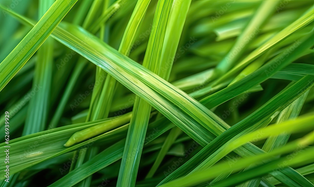 Fresh lush green grass on meadow with drops of water dew. Close-up macro. Generative AI tools Fresh lush green grass on meadow with drops of water dew. Close-up macro. Generative AI tools