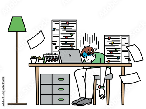 An office worker who is overworked and tired of sitting at his desk.