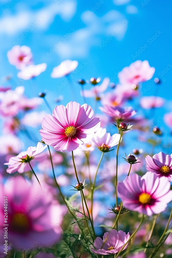 Flower arrangement of wildflowers against a blue sky with copy space. Template greeting card base design. Floral banner, poster. Flower arrangement of wildflowers against a blue sky with copy space. Template greeting card base design. Floral banner, poster.