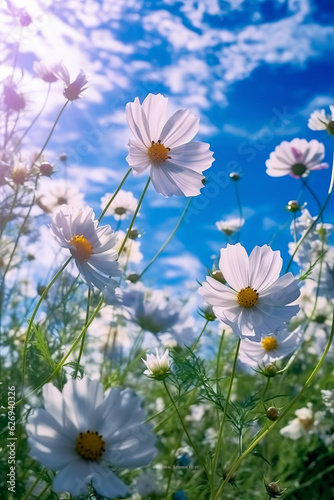 Flower arrangement of wildflowers against a blue sky with copy space. Template greeting card base design. Floral banner  poster.