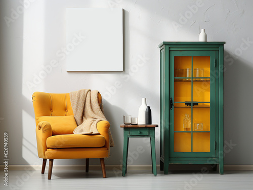 Living room with yellow armchair and sideboard on empty grey wall background.